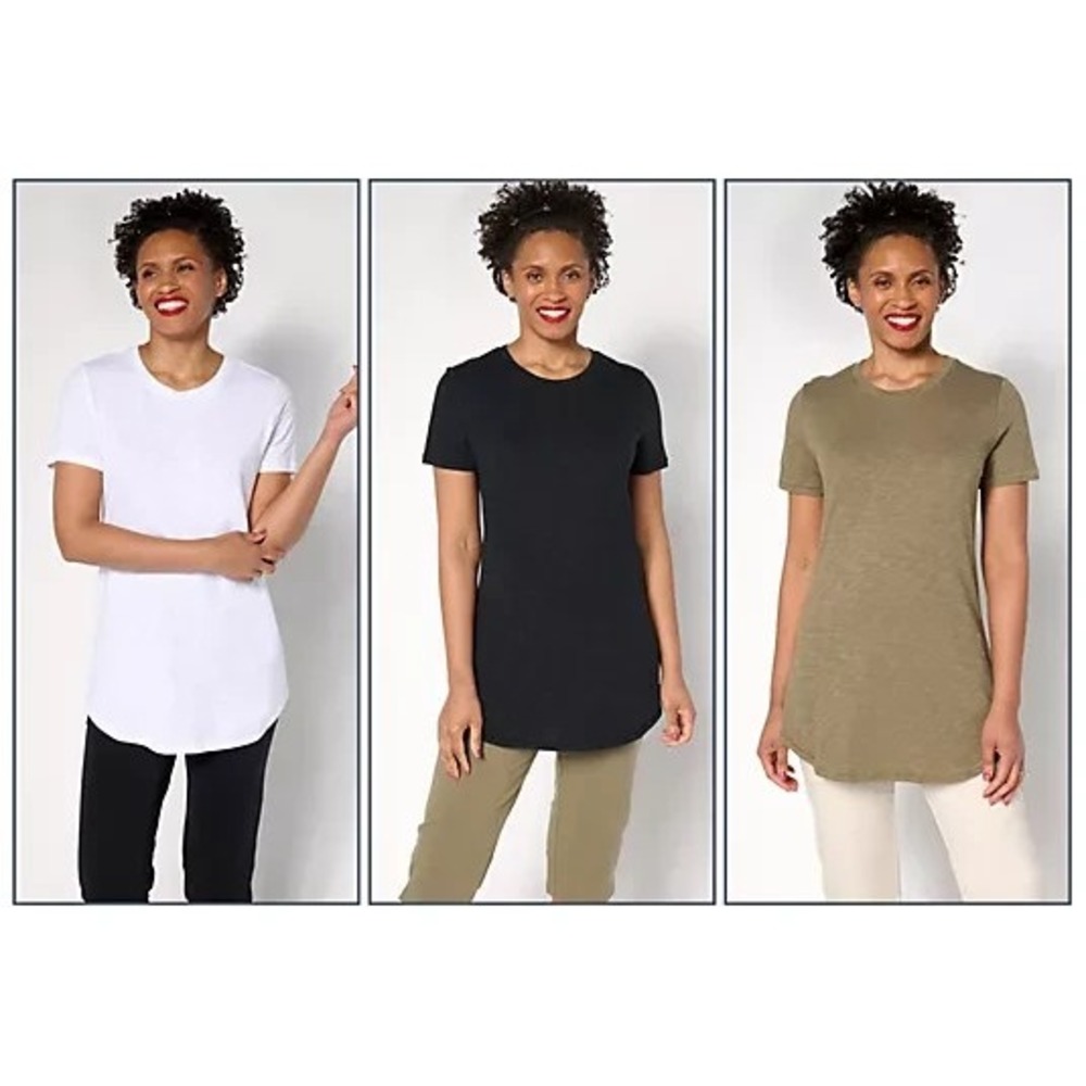 Denim & Co. Essentials Petite Linen Blend 3-Pack Tunics Wht/Blk/MedOliv, PM
